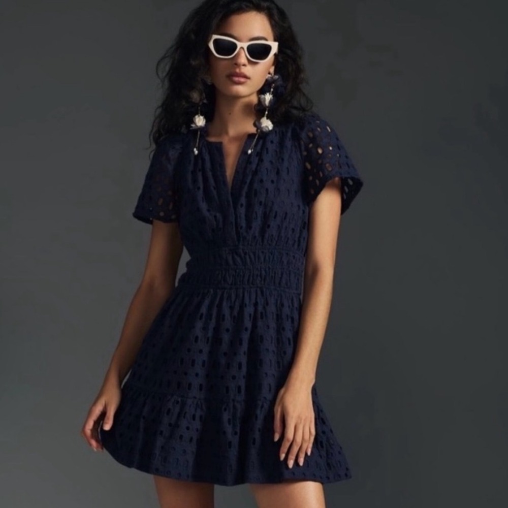 Anthropologie The Somerset Mini Dress Eyelet Edition Navy Storm M Boho Party